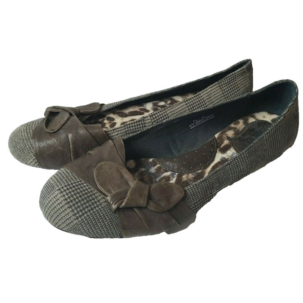 Y2K Born Molly Ballet Flats Womens Size 8.5 Brown Bow Houndstooth Slip On Shoes
